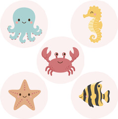 Obraz premium A Vector Icon Set of Cute and Adorable Sea Animal Characters in a Kawaii Style