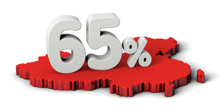 65% 3d text on China map. 3d illustration.