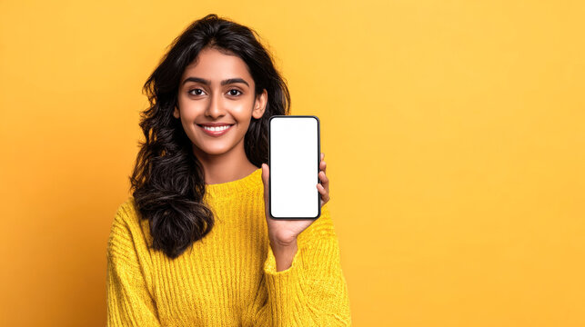 A smiling Indian woman in a sweater holds a smartphone with a blank screen against a yellow background. A beautiful young woman shows a phone with a white screen