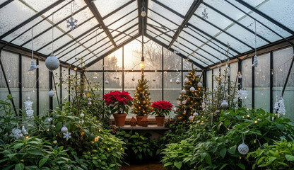 Festive greenhouse with decorated plants and Christmas lights showcasing winter holiday charm and green ambiance
