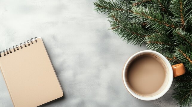 Cup of coffee and notebook surrounded by spruce branches, minimalist Christmas flat lay background on marble texture, cozy winter workspace design for New Year and holiday projects