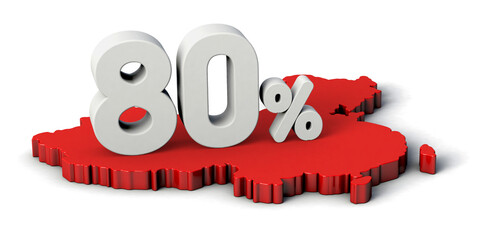 80% 3d text on China map. 3d illustration.