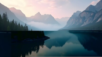 Aerial View of Mountain Lake in Morning Mist – Serene Landscape Photography