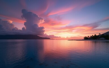 Stunning colorful sunset sky with clouds on the horizon of the South Pacific Ocean. Lagoon landscape in Moorea. Luxury travel. High quality