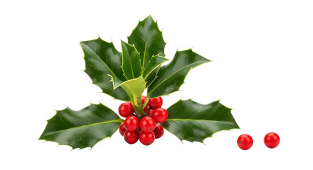 Vibrant holly branch with glossy red berries and sharp green leaves, perfect for festive holiday designs and seasonal decor projects.