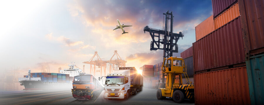 Global business of Container Cargo freight train for Business logistics concept, Air cargo trucking, Rail transportation and maritime shipping, Online goods orders worldwide