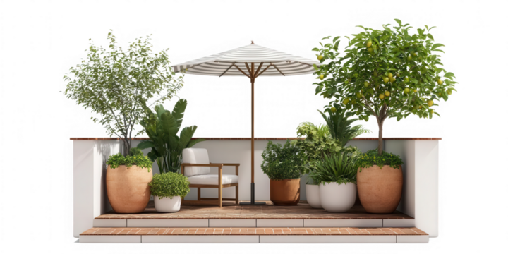 Serene Outdoor Haven: A modern and inviting outdoor living space, featuring a neutral color palette, lush greenery, and a cozy seating area, perfect for relaxation and contemplation.