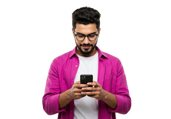 Man in pink shirt using smartphone isolated on transparent background