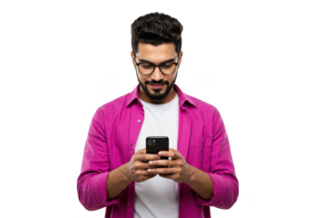 Man in pink shirt using smartphone isolated on transparent background