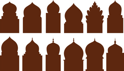Silhouette collection of traditional Islamic mosque domes, architectural elements, cultural ornament shapes, Islamic art design inspiration, vector illustration