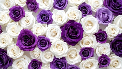 A floral arrangement of white and purple roses