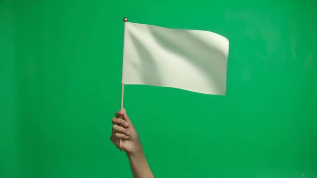 Hand holding plain white flag on green background, symbol of peace surrender and neutrality with copy space
