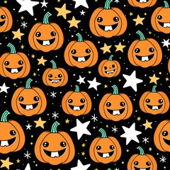 Fototapeta premium Cute and cheerful Halloween pumpkins with funny faces and sparkling stars create a festive seamless pattern background, perfect for holiday decorations, autumn designs, and kids' projects