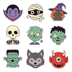 Halloween monsters icon set – vampire, mummy, witch, zombie, skeleton, werewolf, devil.