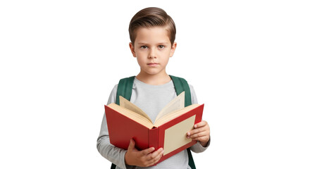 Engaged young student with backpack intently reading an open book, fostering curiosity and knowledge acquisition for educational success.
