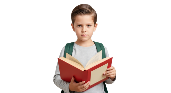 Engaged young student with backpack intently reading an open book, fostering curiosity and knowledge acquisition for educational success.
