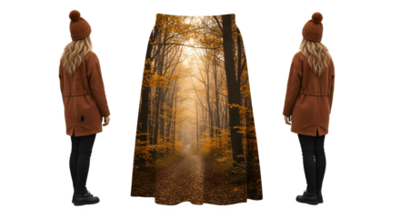 Woman wearing a brown midi skirt with a forest scene print.
