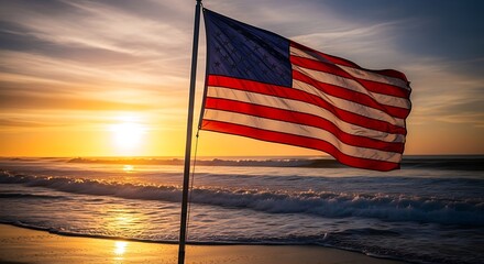 American flag waving on a beach at sunset with golden light reflecting on the sand and ocean waves