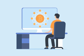 Man sitting at desk looking at computer screen displaying bitcoin network and cryptocurrency concept