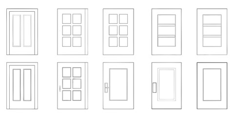 Collection of architectural line drawings depicting various styles of modern and traditional front doors with different panel and window configurations