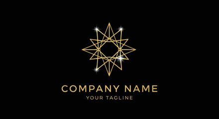 Elegant golden geometric star logo with sparkling lights for a premium brand identity.