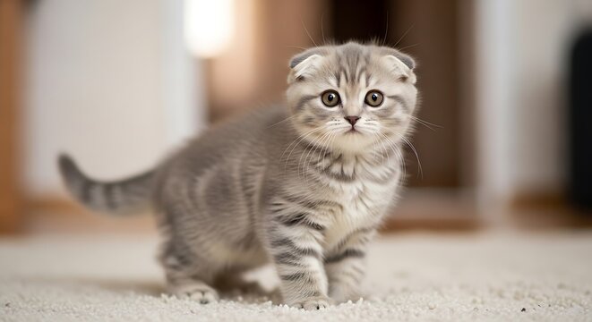 Adorable Scottish Fold Kitten Standing on Carpet Looking at Camera.
