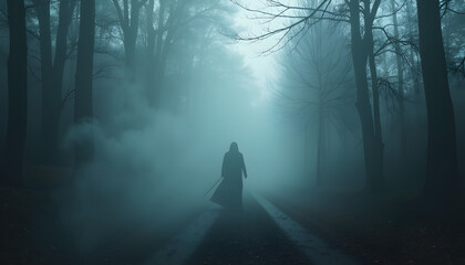Mysterious cloaked figure walking through the misty forest, creating a dark and haunting atmosphere perfect for suspenseful storytelling projects