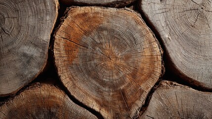 A close-up view of tree rings on cut logs, showcasing the intricate patterns and textures of the wood, highlighting its natural beauty and age.