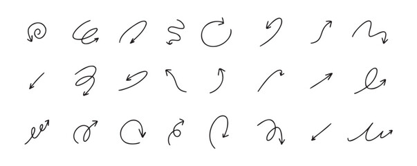 Doodle spiral arrows set. Hand drawn arrows. Design quirky twist line, curve wave arrow. 
