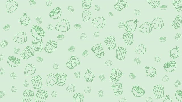Animated Food Doodle Pattern. Seamless Loop with Bouncing Snack, Coffee, and Onigiri Icons (Green).