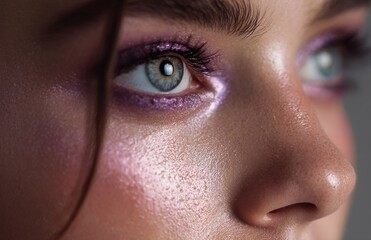 Fototapeta premium Woman eye with shining purple glitter makeup