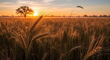 Golden sunrise over a field of ripe wheat, with a lone tree silhouetted against the sun, evoking peace and abundance.