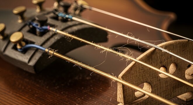 Close-up shot of a weathered violin and strings, capturing the essence of vintage music and timeless beauty, ideal for cultural and artistic themes.