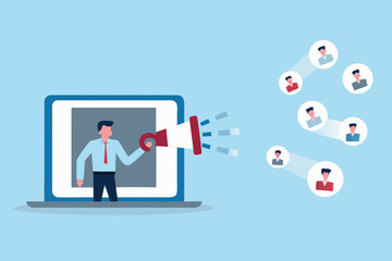 Businessman on laptop screen shouting through megaphone to reach audience network