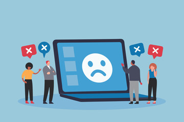 Diverse group of people reacting negatively to a sad face emoji on a laptop screen with red and blue x marks