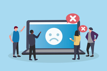 Diverse group of people reacting negatively to a sad face emoji on a laptop screen with red cross symbols