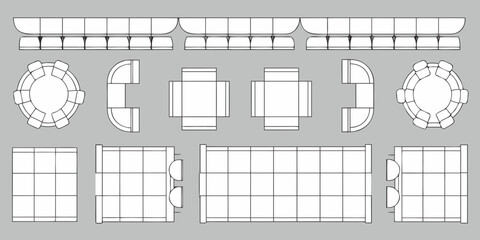 Top view blueprint of modular seating arrangements including sofas and chairs for interior design planning