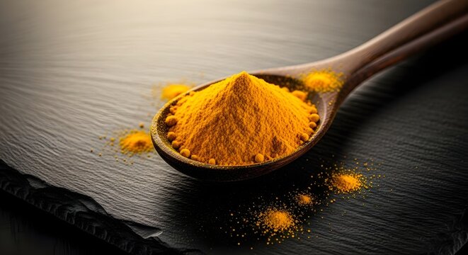 Close-up of vibrant yellow turmeric powder on a wooden spoon, resting on a textured black slate surface.