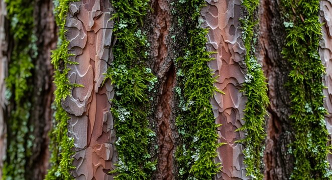 Close-up of rough pine tree bark covered in vibrant green moss and lichen.