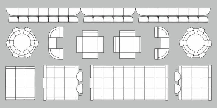 Top view blueprint of modular seating arrangements including sofas and chairs for interior design planning