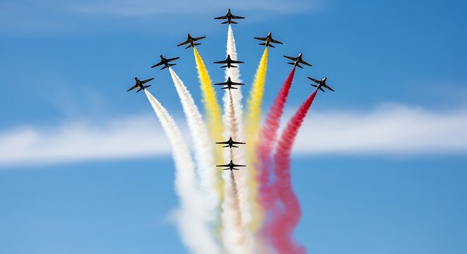 A formation of fighter jets flying in the sky with colored smoke trails during an air show display - Powered by Adobe