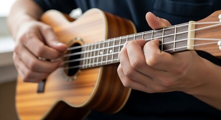 Obraz premium Close-up of hands playing a ukulele with focus on fretboard.