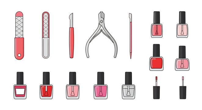 Manicure tools Nail files cuticle nippers pushers  polishes in various colors neatly arranged