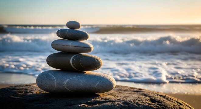 Stacked smooth pebbles with ocean waves background high quality stock illustration for commercial use