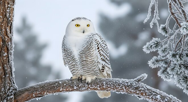 Majestic snowy owl perched on a frost-covered branch in a winter wonderland. - Powered by Adobe