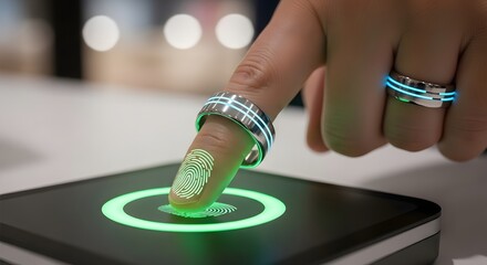 A person's finger wearing a glowing smart ring interacting with a biometric fingerprint scanner for authentication.