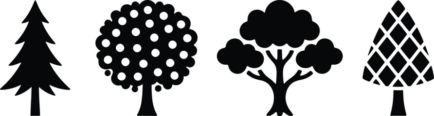Minimal nature tree shapes – pine, oak, and abstract forest silhouettes vector illustration
