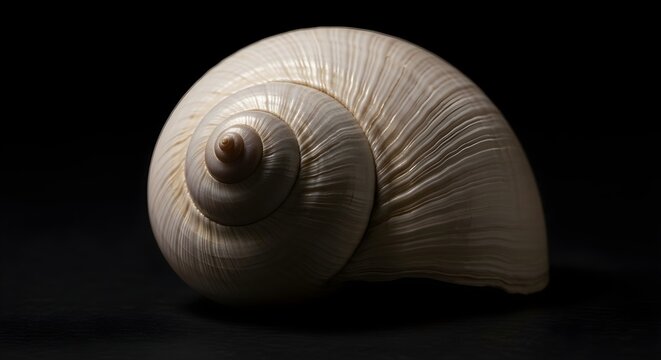 Elegant close-up studio shot of a pearly white snail shell on a black background. Perfect for concepts of nature, biology, and art.