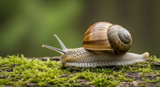 Captivating close-up of a snail gliding across vibrant green moss, its spiral shell a testament to nature's artistry, evoking tranquility and slow living.