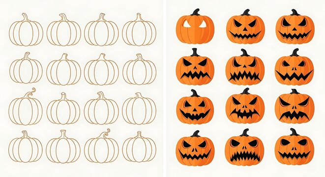 Collection of Halloween Pumpkins Carved and Plain for Autumn Celebrations.